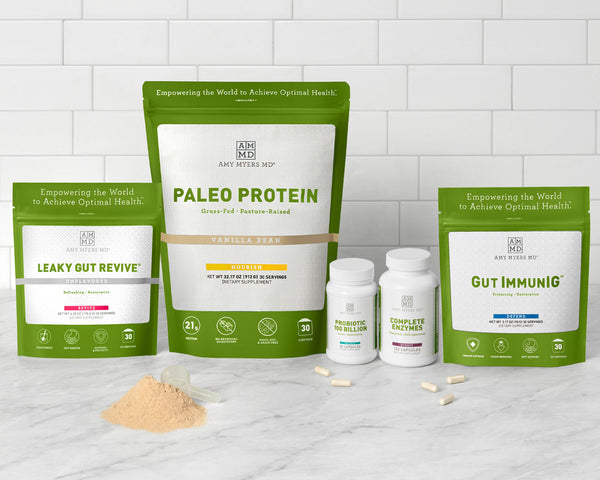 Leaky Gut Breakthrough Program Supplements, featuring: Leaky Gut Revive, Paleo Protein - Vanilla Bean, Probiotic 100 Billion, Complete Enzymes, and Gut ImmunIG