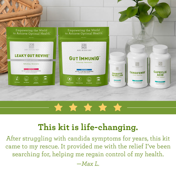 Customer review: "This kit is life-changing. After struggling with candida symptoms for years, this kit came to my rescue. It provided me with the relief I've been searching for, helping me control my health again. " Kelly G.