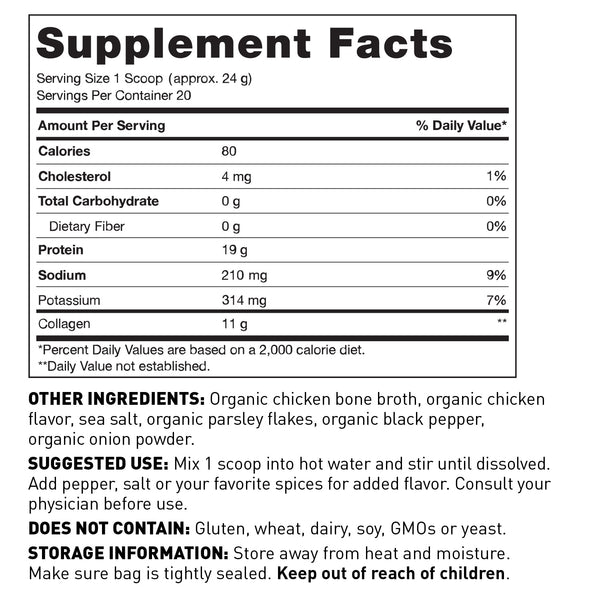 Chicken Bone Broth supplement facts.
