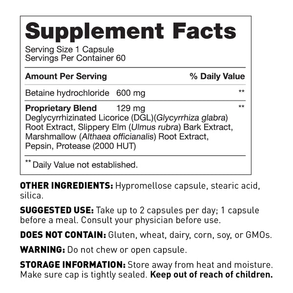 Supplements Facts Panel for Gut Restore with Betaine and HCL 