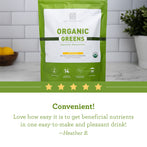 A bottle of Organic Greens Supplement on a tabletop with reviews - Reviews Image - Amy Myers MD®