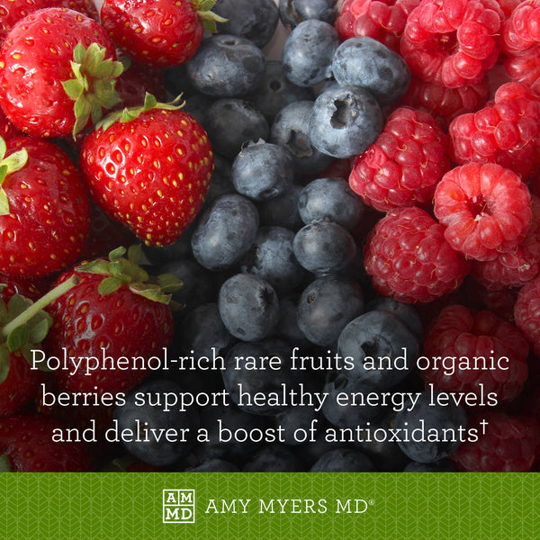 Organic Reds Superfood Powder - Polyphenol-rich rare fruits and organic berries support healthy energy levels and deliver a boost of antioxidants - Infographic - Amy Myers MD®