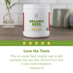 A bottle of Organic Reds Supplement on a tabletop with reviews - Reviews Image - Amy Myers MD®