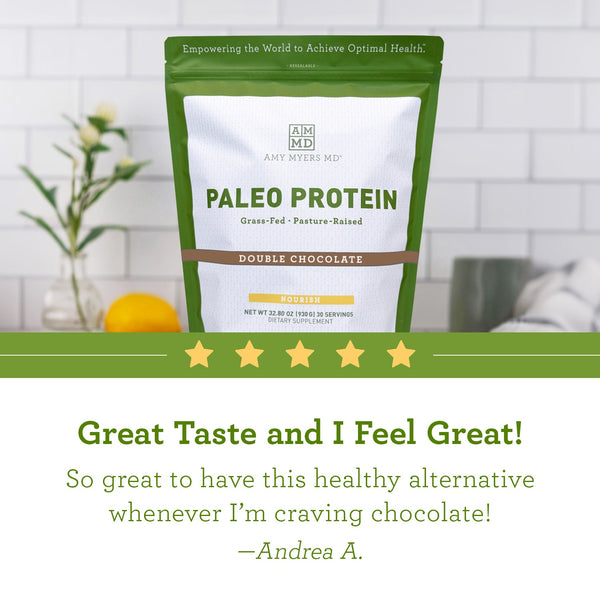 Picture of AMMD 930g bag of Double Chocolate flavored Paleo Protein with customer review quote below from Andrea A, “Great Taste and I Feel Great!”,”so great to have this healthy alternative whenever I am craving chocolate” 