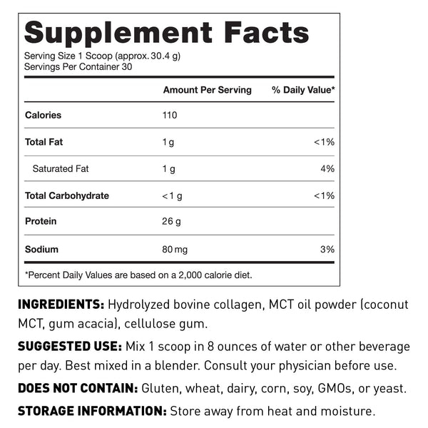 Supplement Facts Panel Serving size 30.4g (Approx. 1 scoop) Servings per container 30; 110 Calories 26g Protein 1g Total Carbohydrate 1g Total Fat 80mg Sodium 130mg Potassium Other ingredients Hydrolyzed Bovine Collagen, cellulose gum, MCT Oil Powder (coconut MCT and Gum Acacia) Suggested use Mix 1 scoop in 8 oz of liquid per day. Consult your physician before use Does not contain Gluten, wheat, dairy, soy, GMOs, or yeast. Store away from heat and moisture. Keep out of reach of children.