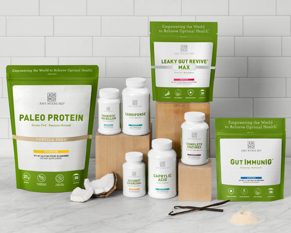 Picture of The Myers Way® Upgraded Candida Breakthrough Program, featuring Paleo Protein - Vanilla Bean, Probiotic 100 billion, Candifense, coconut charcoal, caprylic Acid, Leaky Gut ReviveMax, Complete Enzymes, and Gut ImmunIG