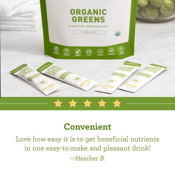 A pouch of Organic Greens with single serving packets - Organic Greens 7 Day Pack - Review Image - Amy Myers MD