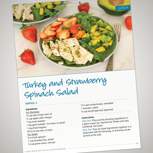 Autoimmune Recipes eBook Turkey and Strawberry Spinach Salad Recipe Card