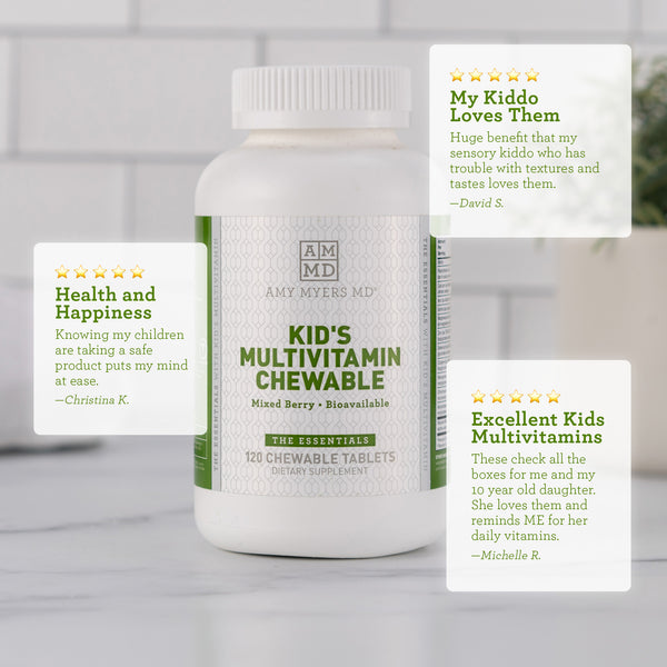 A bottle of Kids Multivitamin Chewable capsules on a tabletop with reviews - Reviews Image - Amy Myers MD®