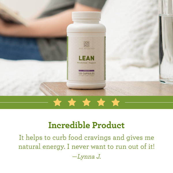 A bottle of Lean Metabolism Support on an end table with reviews - Reviews Image - Amy Myers MD®