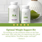 Optimal Weight Support Kit - Bottles of CLA and Lean on table with reviews - Review Image - Amy Myers MD®